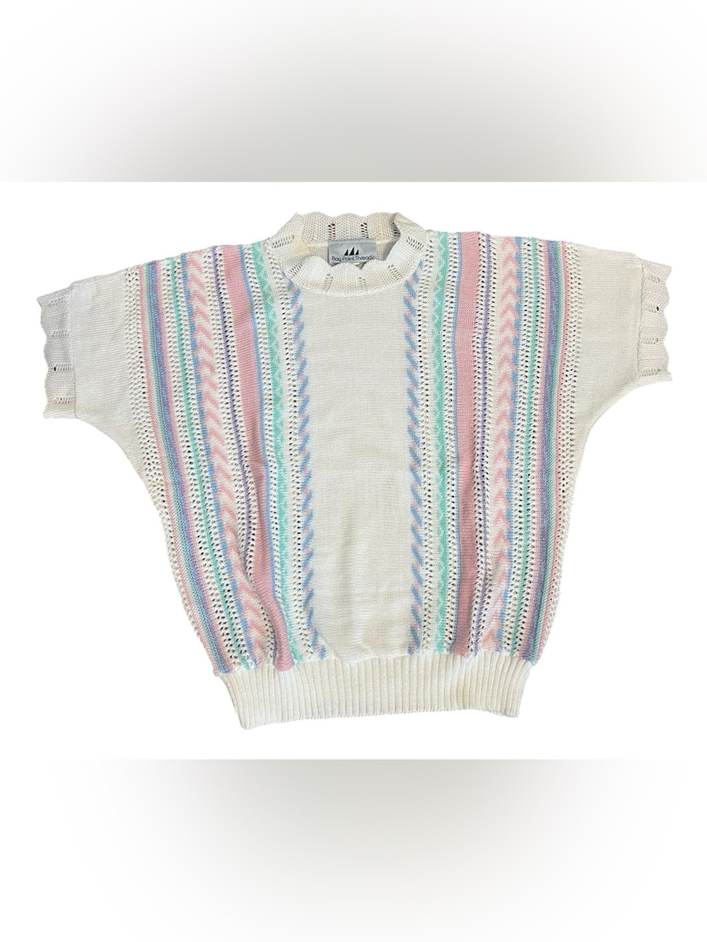 Vintage Open-Knit Scoop Neck Sweater in White with Pastel Stripes Sz L